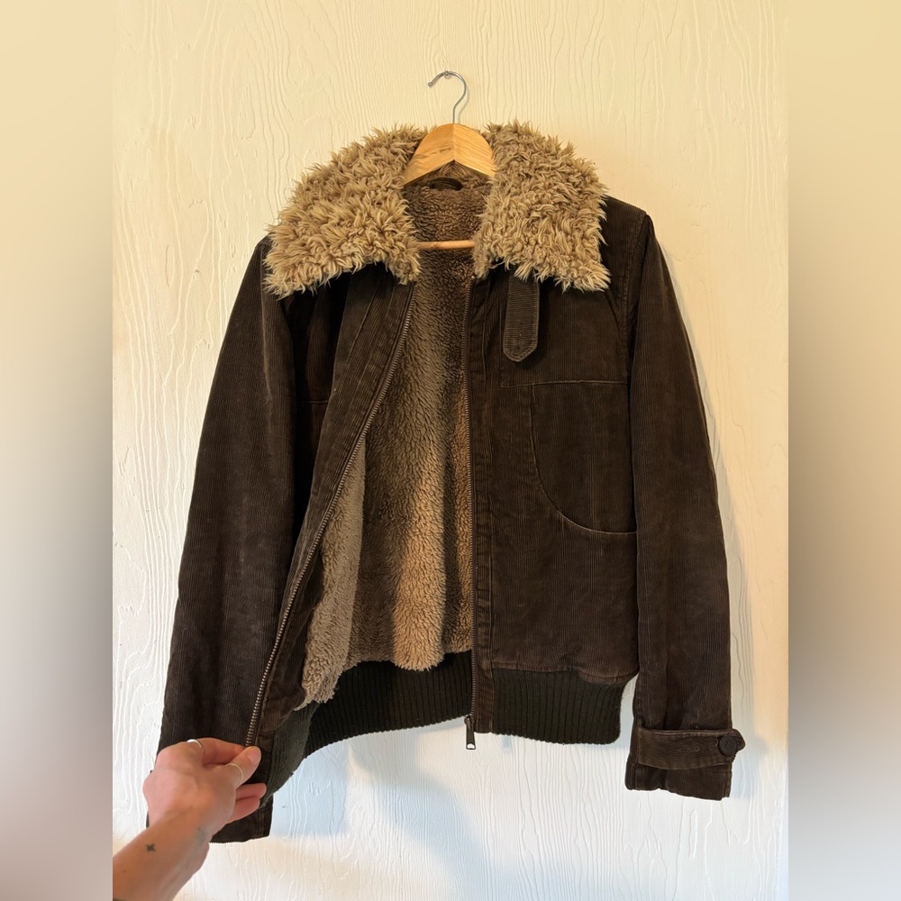 Vintage Brown Corduroy Fleece Lined with Tan Sherpa Collar Zip Up Bomber Jacket - Picture 9 of 10